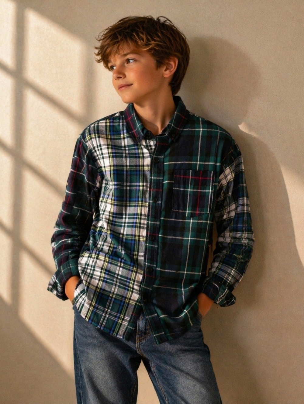 Gap | Plaid Button-Down Shirt for Kids - Green Multi, Size L (10)